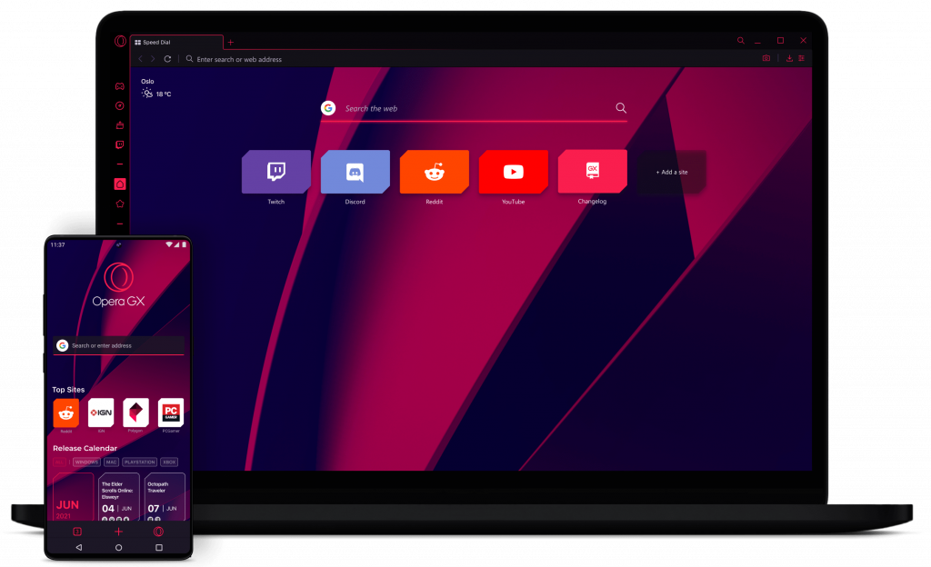 Interface do Opera GX, uma das vantagens que o navegador apresenta