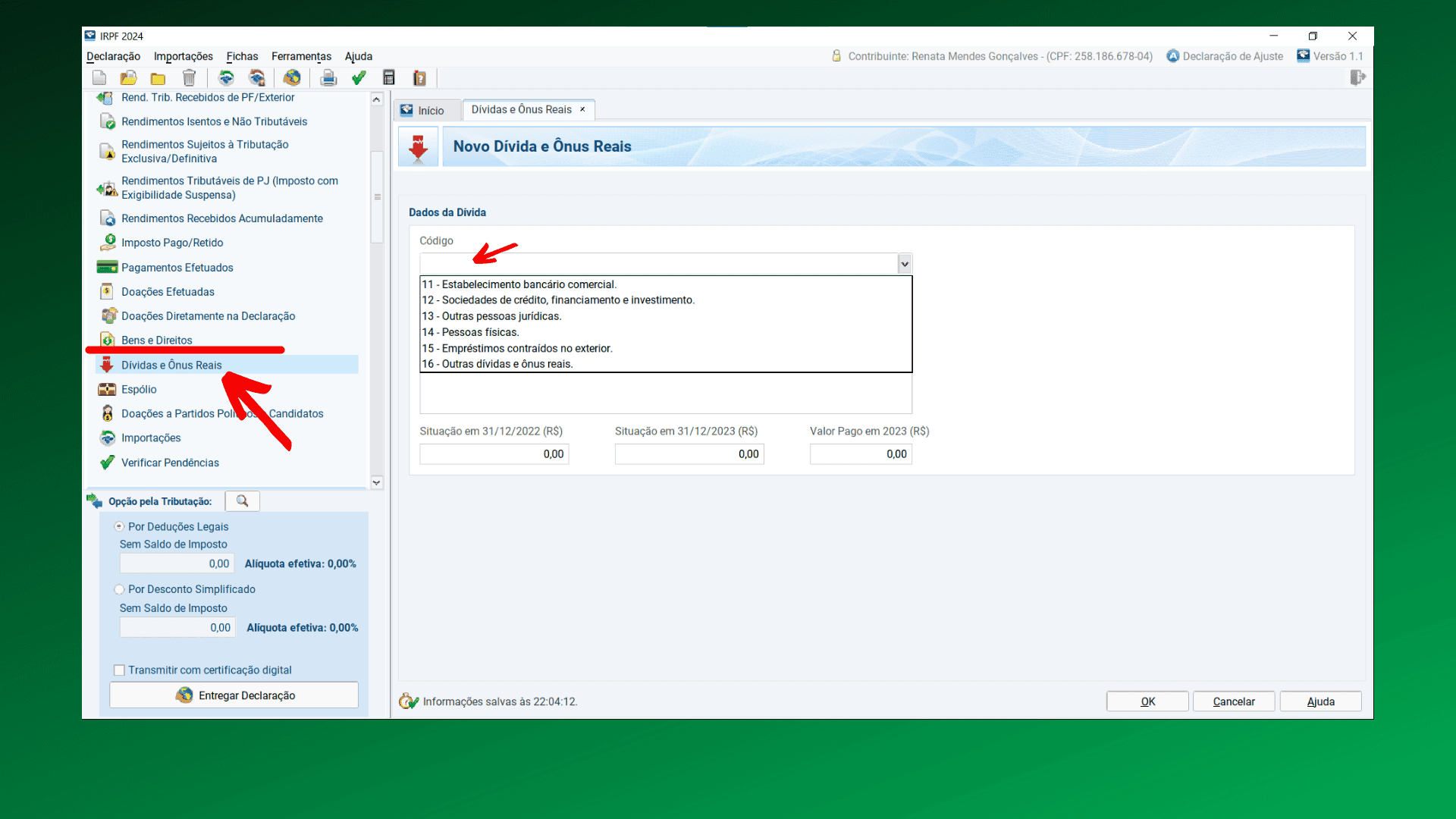 Print de tela para tutorial de como declarar empréstimo no IR