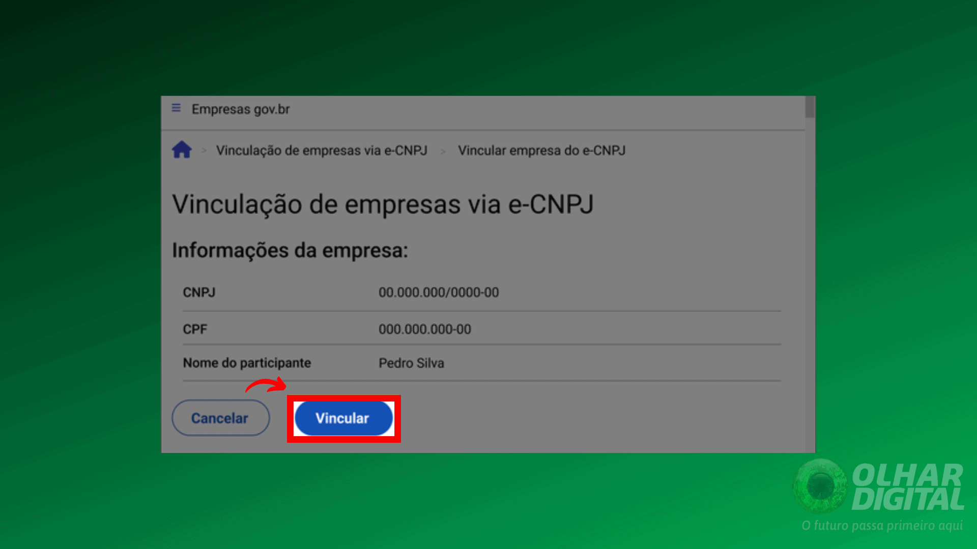  Verifique os dados e clique em “Vincular”