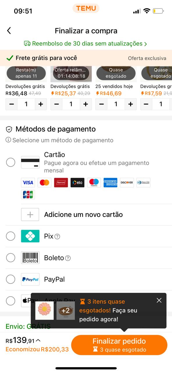 Print de como comprar na Temu Formas de pagamento