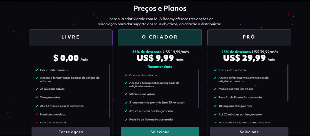 Captura de tela no site Boomy,  ia para criar música ambiente
