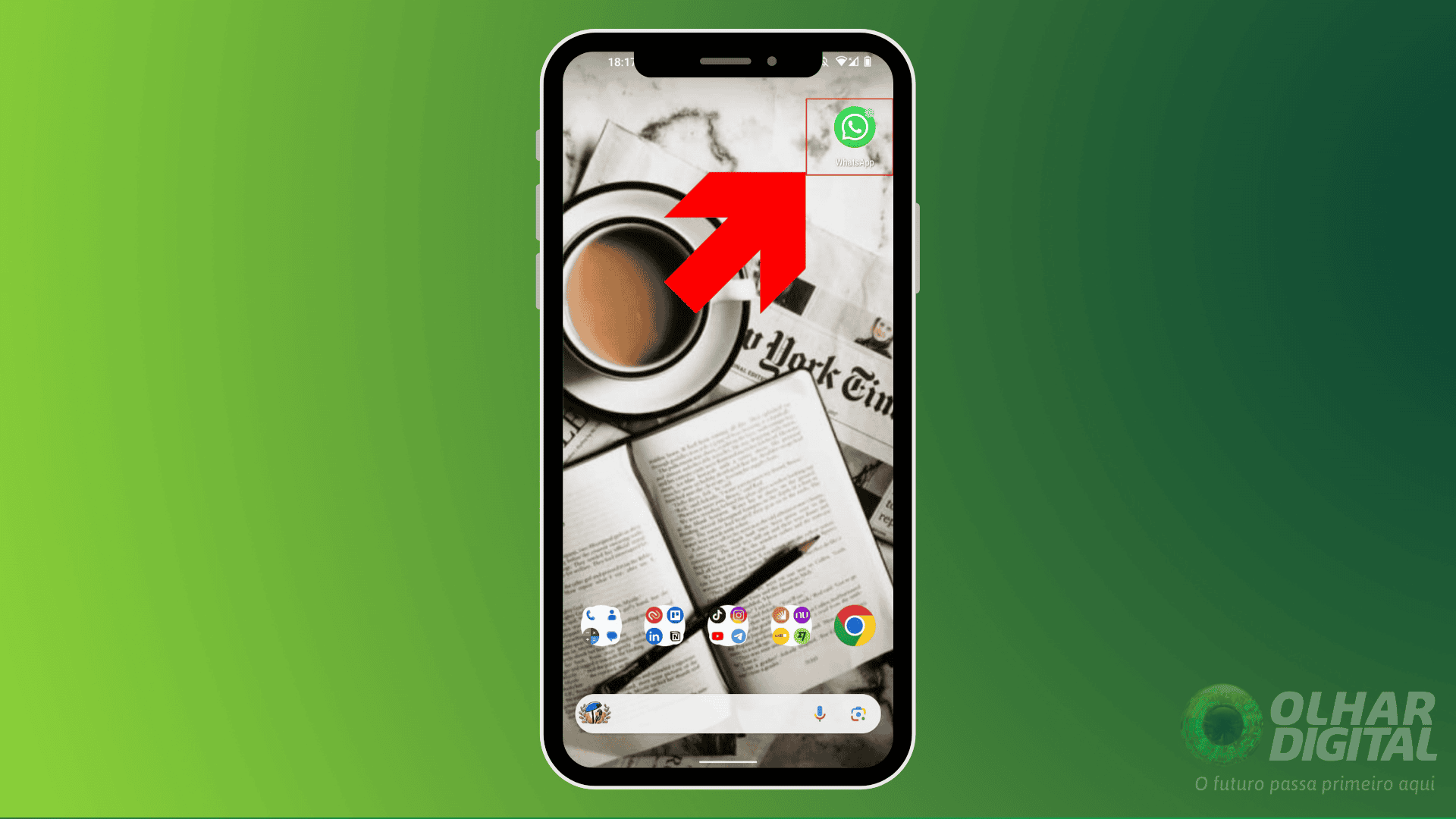 Imagem demonstra uma seta apontando para o ícone do aplicativo whatsapp