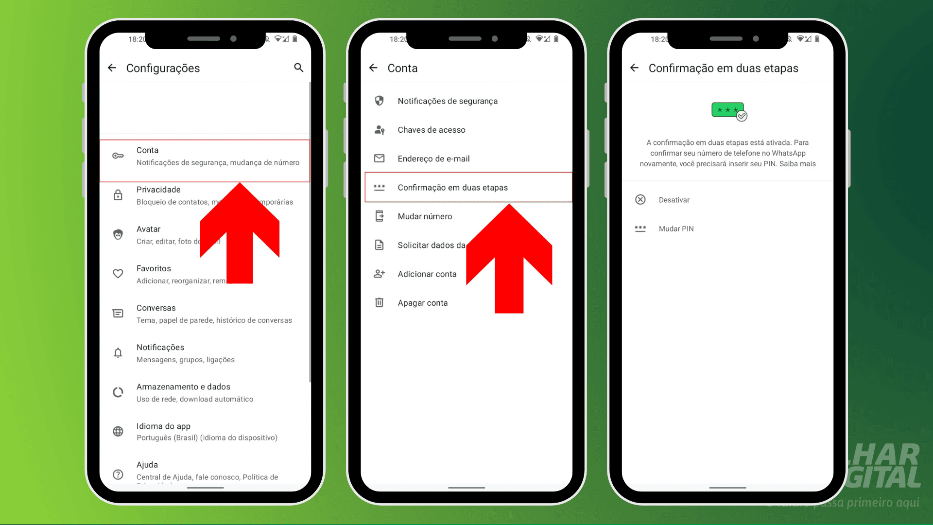 imagem mostra o passo a passo para ativar a verificação em duas etapas no whatsapp