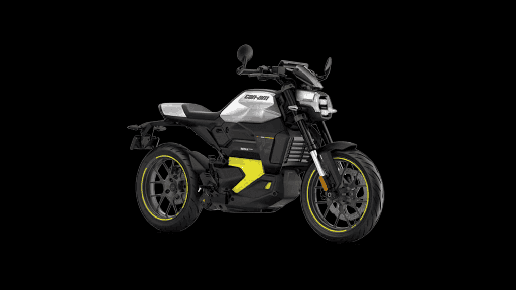 Imagem mostra a moto elétrica da Can-Am, um modelo preto com detalhes em amarelo