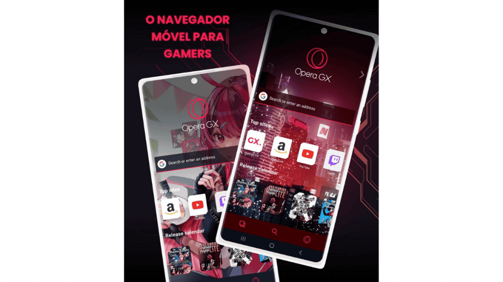 Imagem ilustra o design do navegador Opera GX Gamer no celular