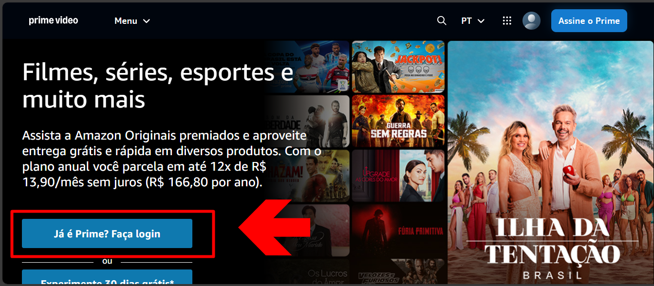 imagem mostra o botão de login no site do prime video