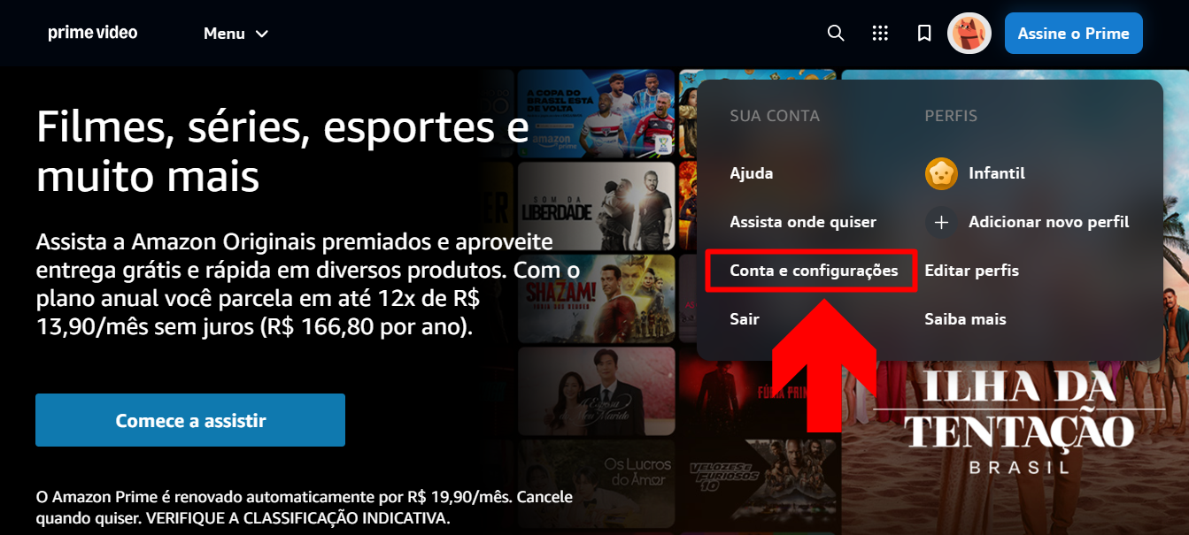 imagem mostra o setor de configurações da conta do prime video