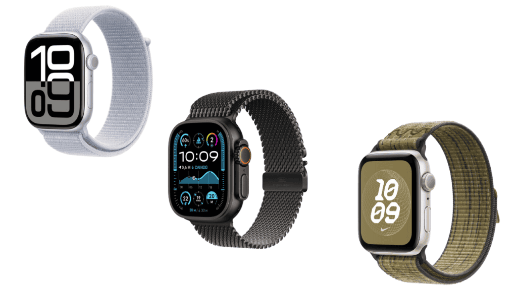 imagem mostra três diferentes pulseiras do apple watch