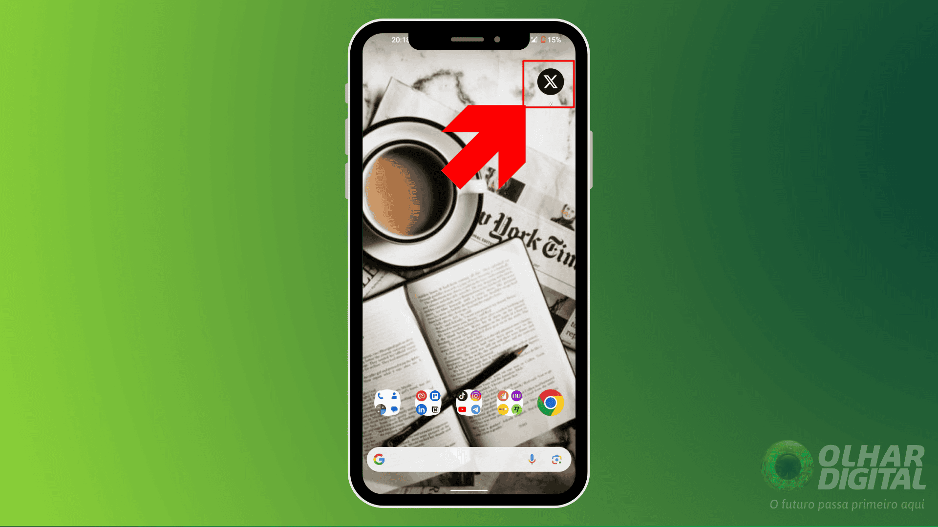 imagem mostra seta apontando para o ícone do x/twitter na página inicial de um celular