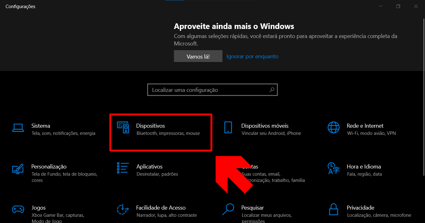 imagem mostra o botão DISPOSITIVOS no setor de configurações de um pc windows