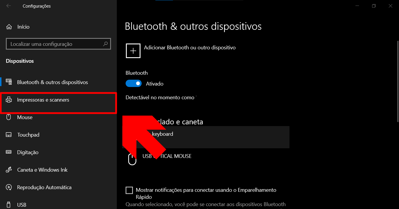 imagem mostra o botão IMPRESSORAS no painel de menu do windows