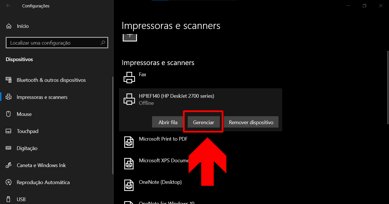 imagem mostra o botão de gerenciamento de impressoras no painel de configurações de dispositivos do windows