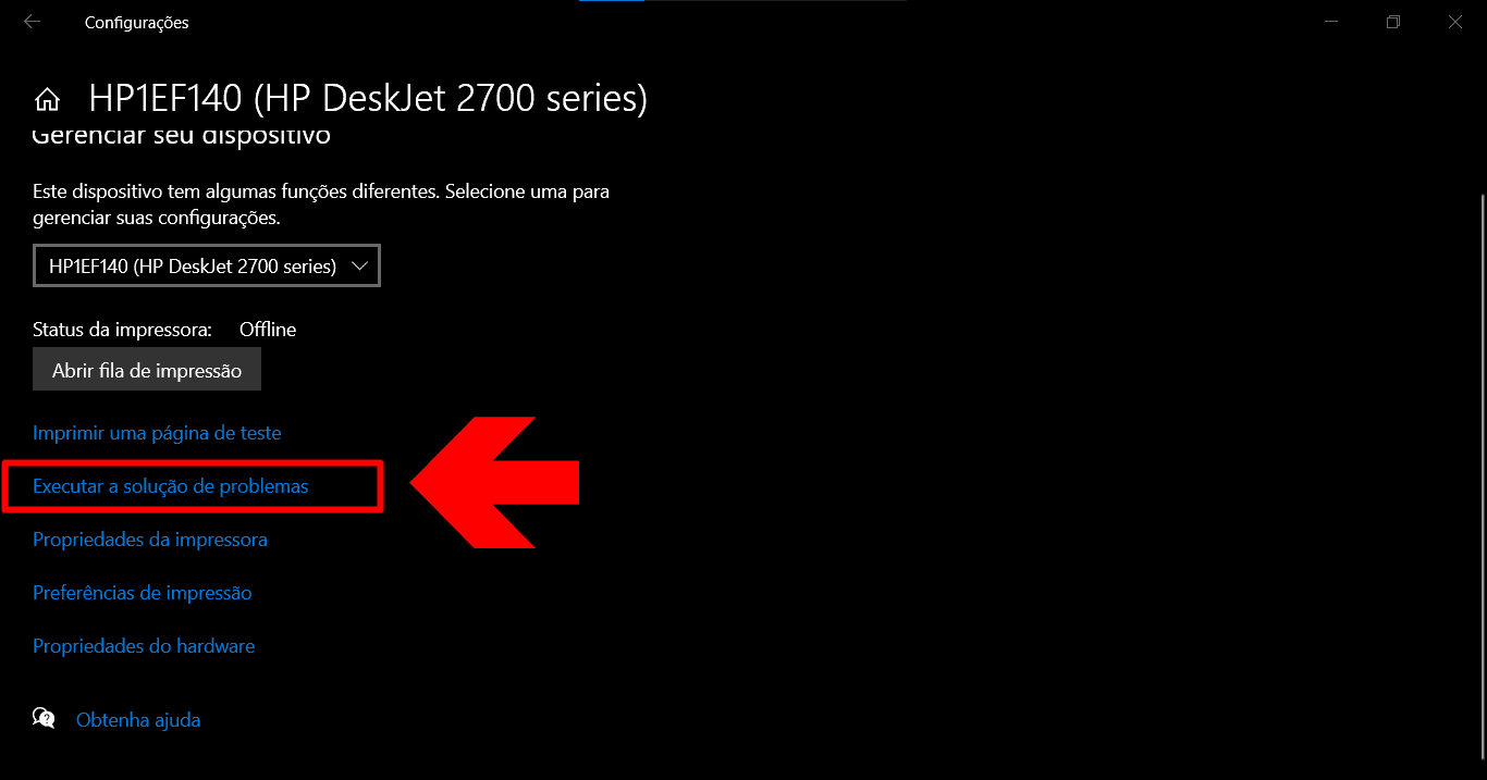 imagem mostra o botão para executar soluções de problemas na impressora