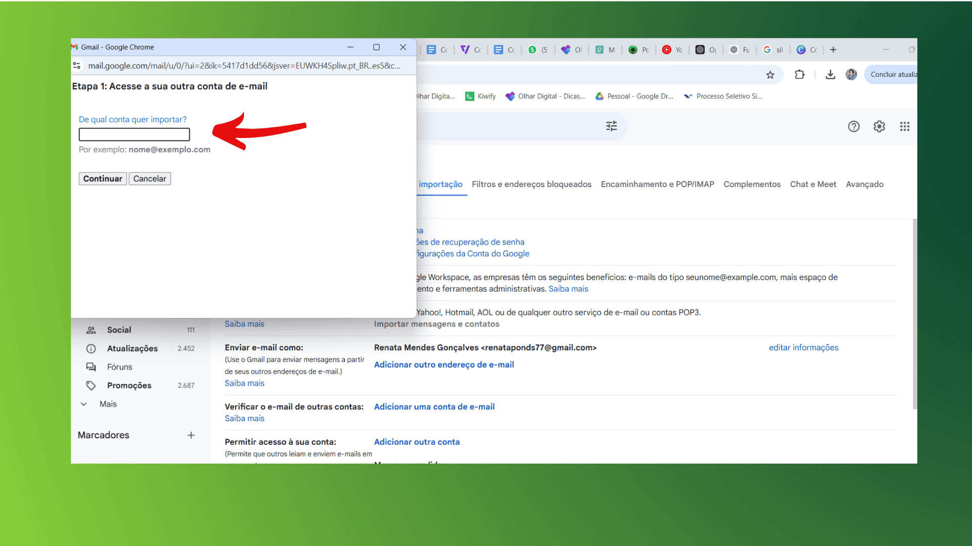 Captura de tela para tutorial de como importar e-mails Gmail
