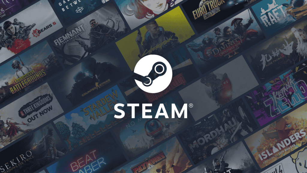 Imagem descreve a logo e o nome Steam com várias montagens de jogos no fundo