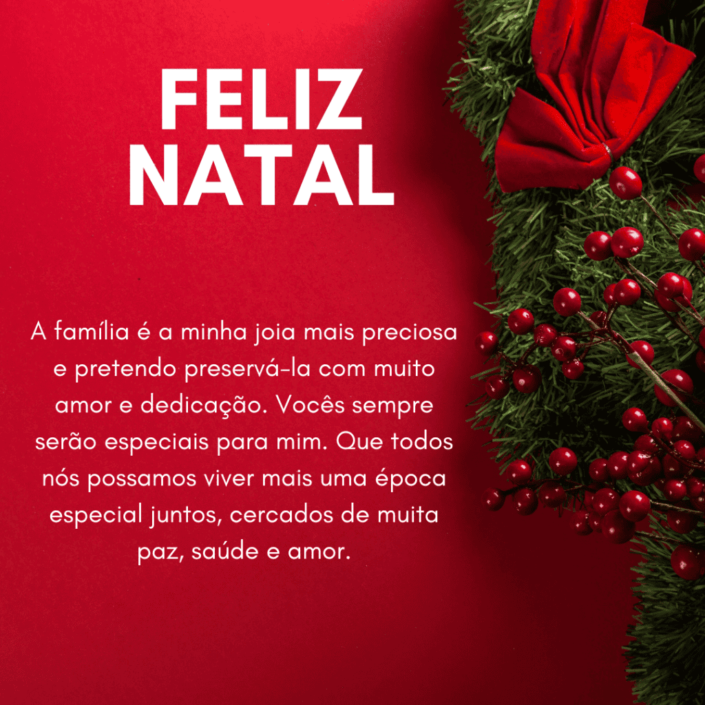 imagem mostra uma mensagem de feliz natal para todos os parentes da família. Ela mostra, também, uma árvore de natal decorada com bolas vermelhas e um laço vermelho