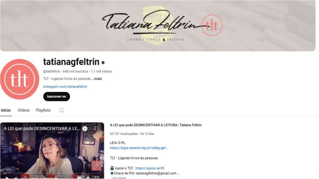 Perfil do Canal Tati Feltrin no Youtube 