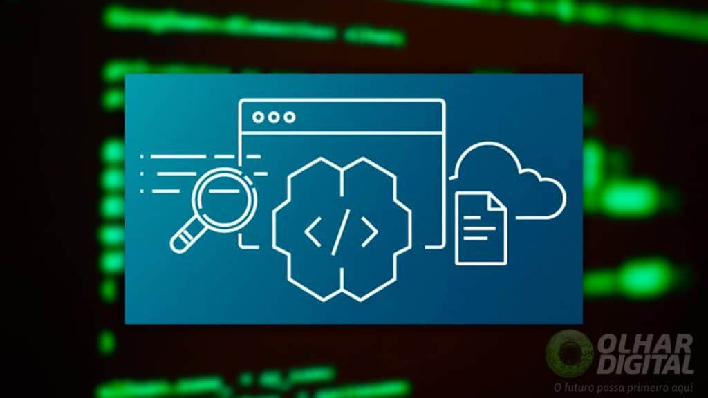 Logomarca do assistente IA de programação da Amazon com códigos de programação ao fundo